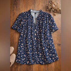 SHEIN Navy Floral Button-Down Blouse